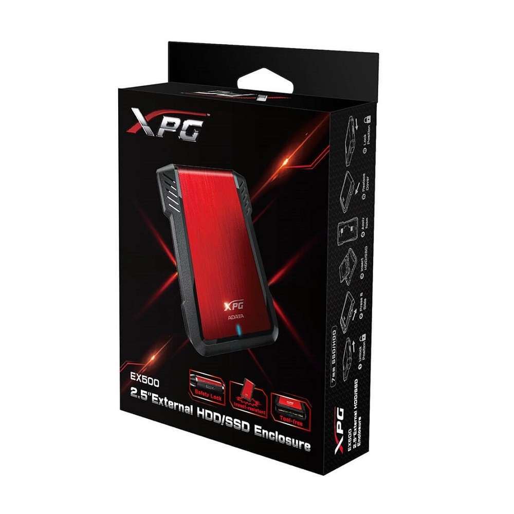 CARCASA ADATA EX500 XPG PARA DISCOS DUROS/SSD 2.5 PULGADAS 7MM/9.5MM SATA3/USB3.2 ROJO CASE PC [ AEX500U3-CRD ][ AC-5860 ]