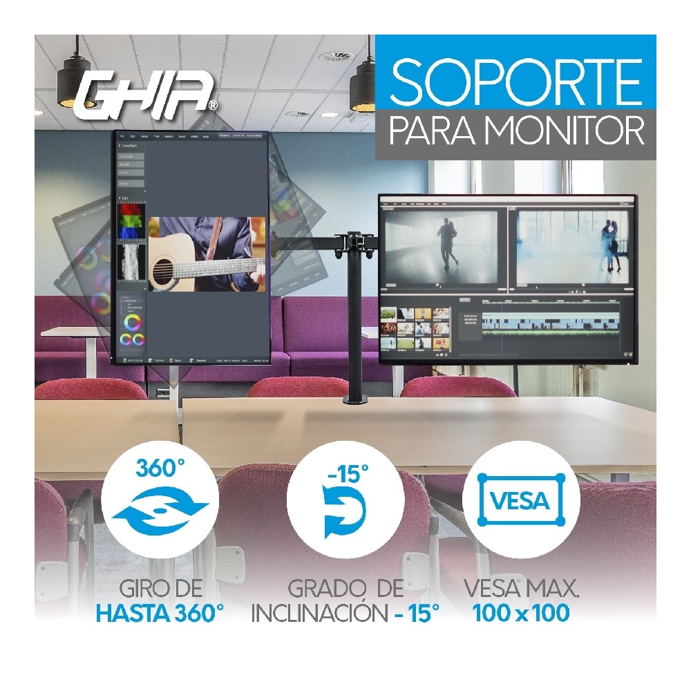 SOPORTE GHIA PARA 2 MONITORES / PARA MONTAJE A MESA O ESCRITORIO / DOBLE BRAZO ARTICULADO / HASTA 32 [ SMON-2 ][ AC-9229 ]