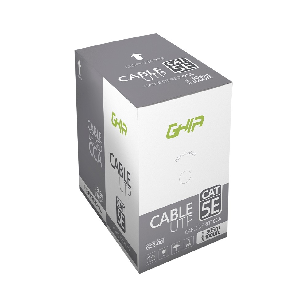 BOBINA DE CABLE MARCA GHIA CAT5E UTP CCA COLOR GRIS 24 AWG 305M 1000FT CERTIFICACION CE / ROHS [ GCB-001 ][ CB-1140 ]