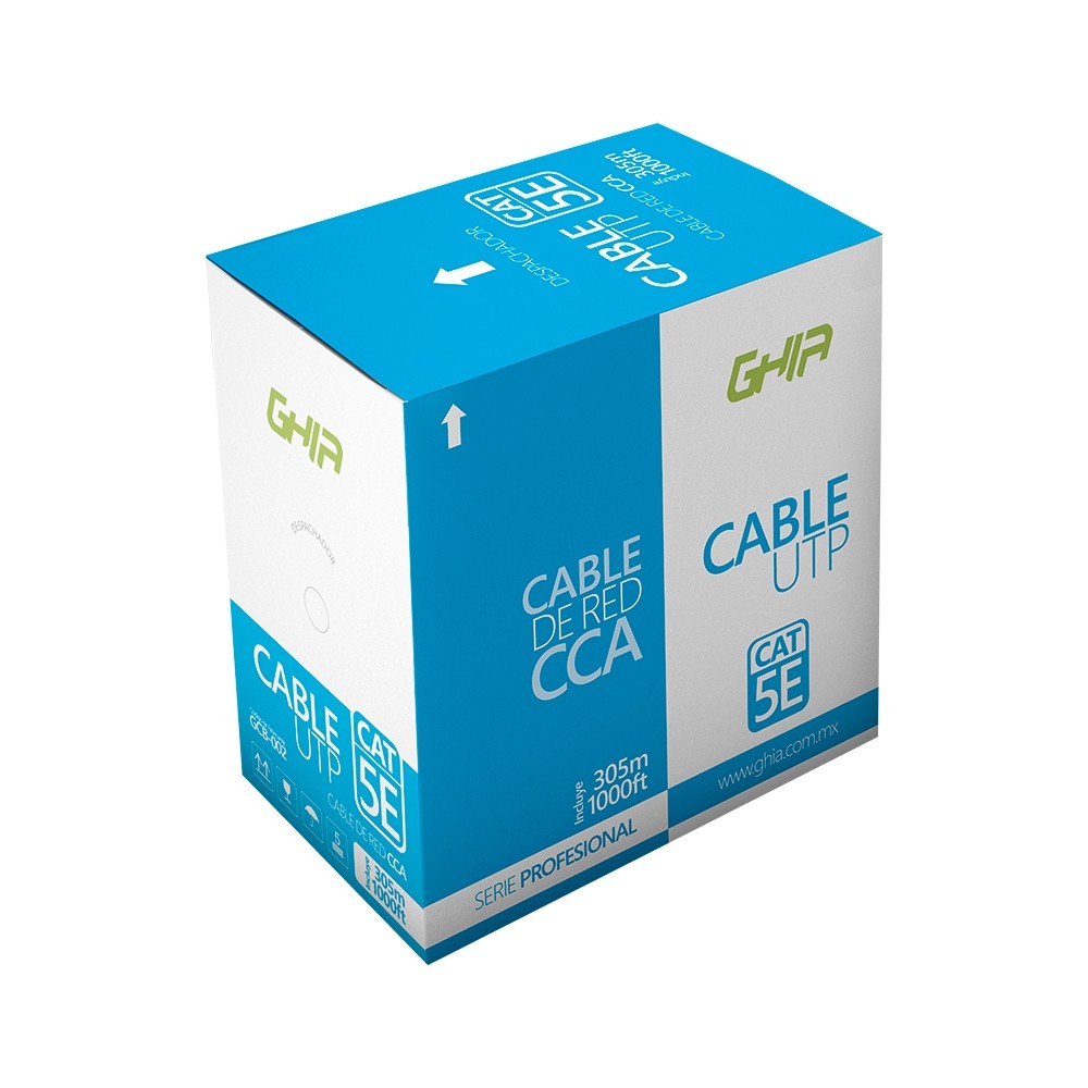 BOBINA DE CABLE MARCA GHIA CAT5E UTP CCA COLOR AZUL 24 AWG 305M 1000FT CERTIFICACION CE / ROHS [ GCB-002 ][ CB-1141 ]