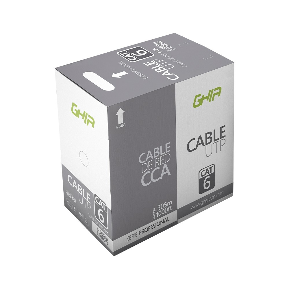 BOBINA DE CABLE MARCA GHIA CAT6 UTP CCA COLOR GRIS 23 AWG UTP 305M 1000FT CERTIFICACIN CE / ROHS [ GCB-005 ][ CB-1143 ]