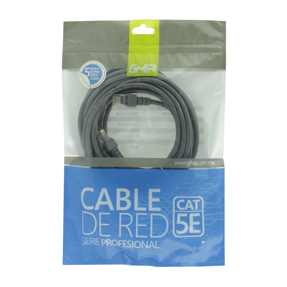 CABLE DE RED RJ45 GHIA 5 MTS 15 PIES PATCH CORD CAT 5E UTP GRIS 100COBRE [ GCB-016 ][ CB-1186 ]