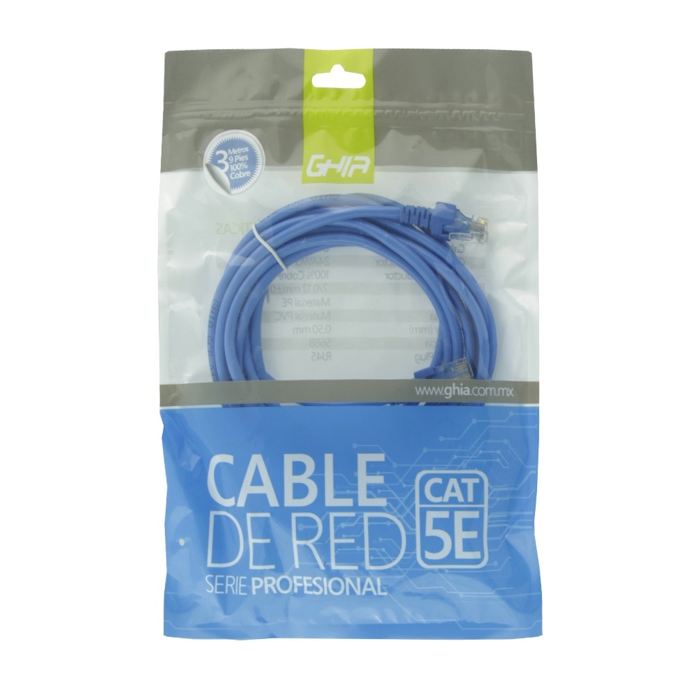 CABLE DE RED RJ45 GHIA 3 MTS 9 PIES PATCH CORD CAT 5E UTP AZUL 100COBRE [ GCB-013 ][ CB-1187 ]