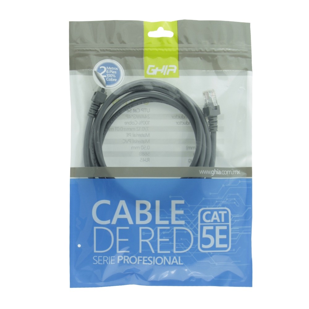 CABLE DE RED RJ45 GHIA 2 MTS 6 PIES PATCH CORD CAT 5E UTP GRIS 100COBRE [ GCB-012 ][ CB-1190 ]