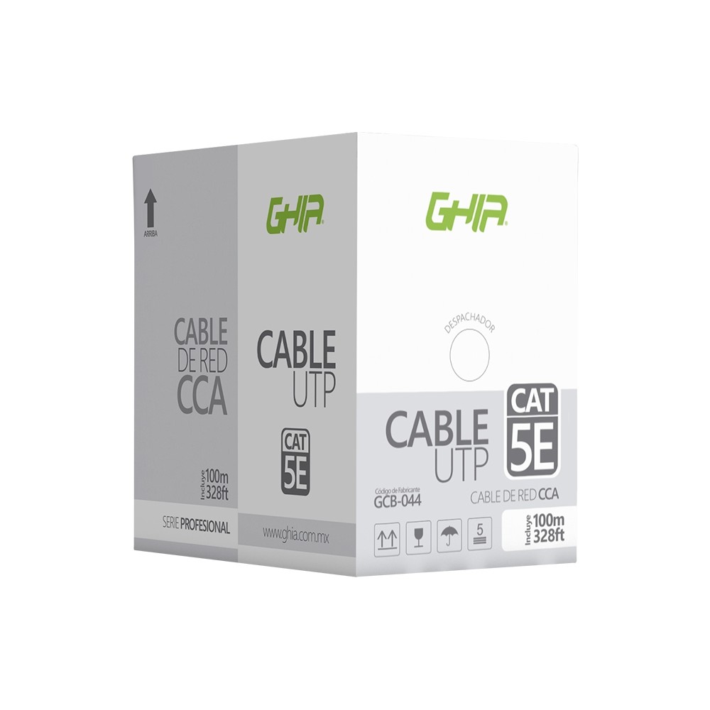 BOBINA DE CABLE MARCA GHIA CAT5E UTP CCA COLOR GRIS 24 AWG 100M 328FT CERTIFICACION CE / ROHS [ GCB-044 ][ CB-1668 ]