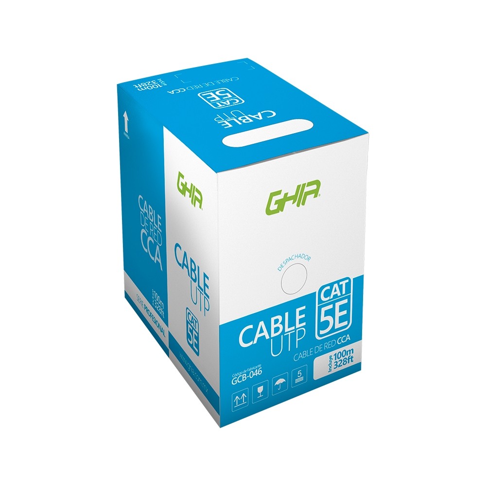 BOBINA DE CABLE MARCA GHIA CAT5E UTP CCA COLOR BLANCO 24 AWG 100M 328FT CERTIFICACION CE / ROHS [ GCB-046 ][ CB-1670 ]