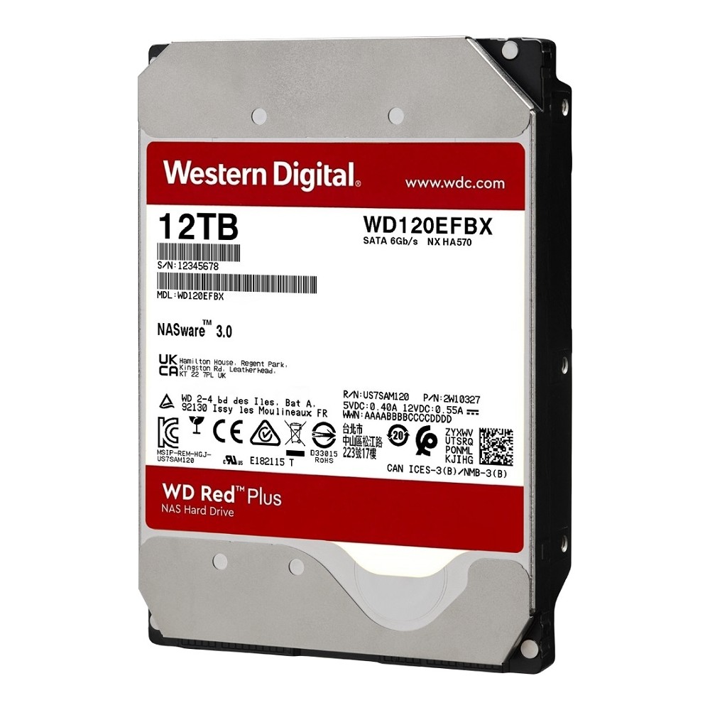 DISCO DURO INTERNO WD RED PLUS 12TB 3.5 ESCRITORIO SATA3 6GB/S 256MB 7200RPM 24X7 HOTPLUG NAS 1-8 BA [ WD120EFBX ][ HD-2512 ]