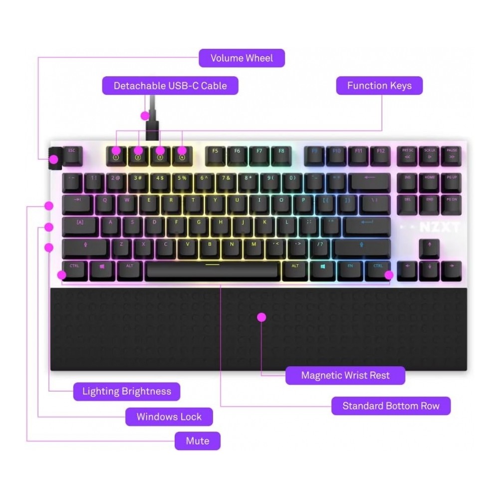 TECLADO MECANICO NZXT FUNCTION TENKEYLESS / BLANCO / REPOSA MUÑECAS / INGLES / RGB / GAMER [ KB-1TKUS-WR ][ KB-950 ]