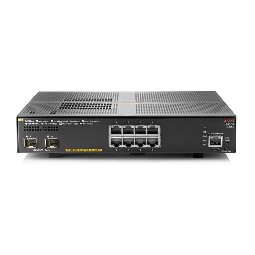 SWITCH HPE ARUBA JL258A 2930F 8 PUERTOS RJ45 10/100/1000 POE 125W Y 2 SFP 1/10GE ADMINISTRABLE CAPA  [ JL258A ][ NIC-2301 ]