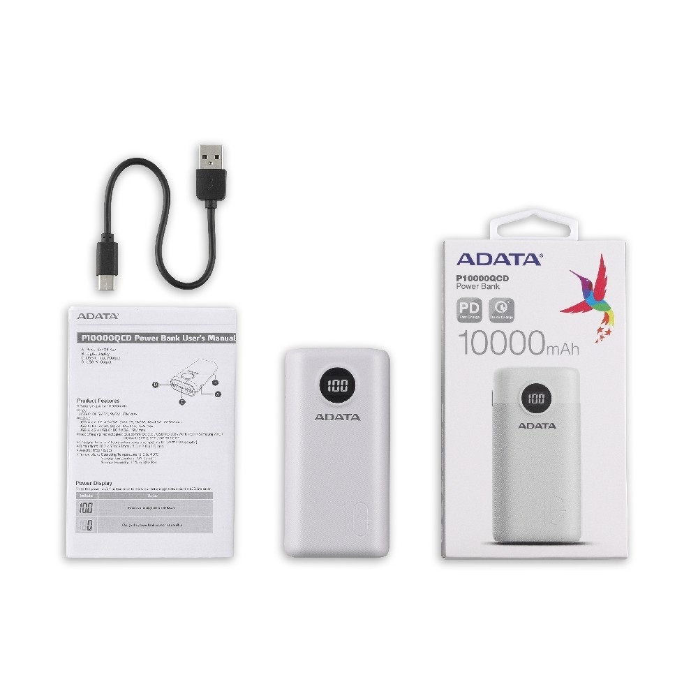 BATERIA DE RESPALDO POWER BANK ADATA P10000QCD 10000MAH/2 USB A/ 1 USB C/INDICADOR DE CARGA DIGITAL/ [ AP10000QCD-DGT-CWH ][ AC-9420 ]