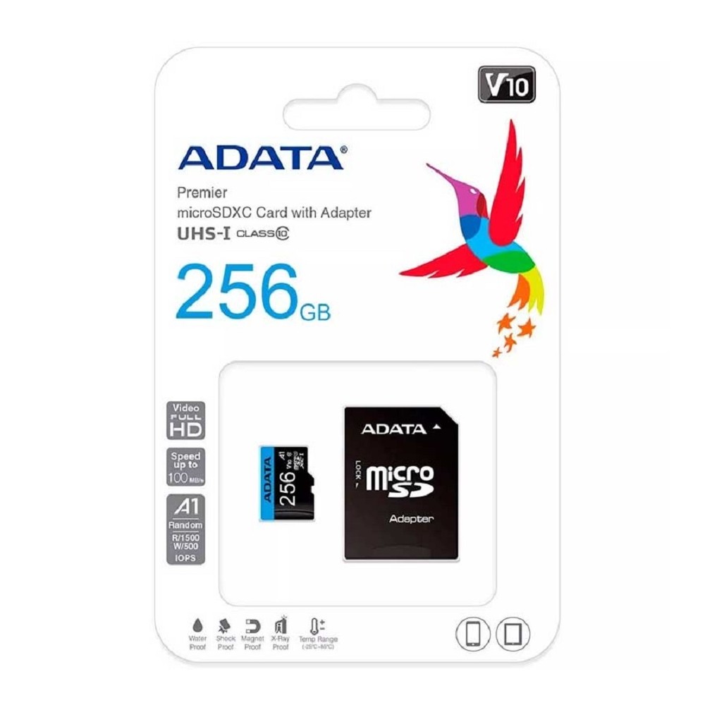 MEMORIA ADATA MICRO SDHC/SDXC UHS-I 256GB CLASE 10 A1 100MB/25MB SEG V10 C/ADAPTADOR [ AUSDX256GUICL10A1-RA1 ][ RAM-3041 ]