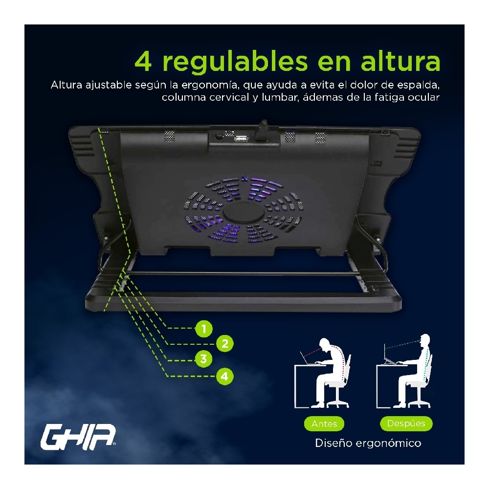 BASE ENFRIADORA GHIA / PARA LAPTOP / ALTURA AJUSTABLE / CON VENTILADOR Y LUZ LED / USB [ GAC-226 ][ AC-9442 ]