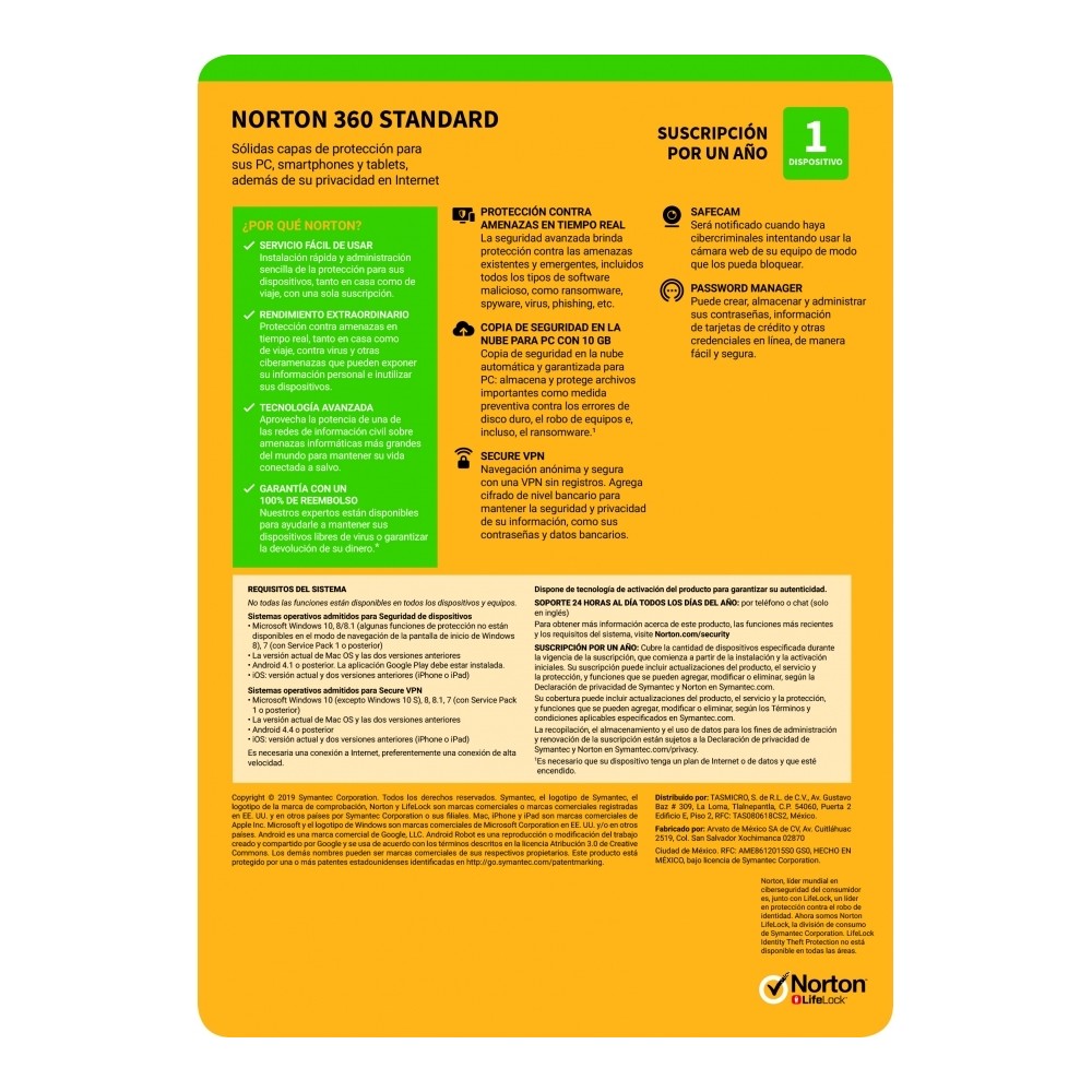 NORTON 360 STANDARD / INTERNET SECURITY 1 DISPOSITIVO 1 AñO (CAJA) [ 21414734 ][ SWS-4444 ]