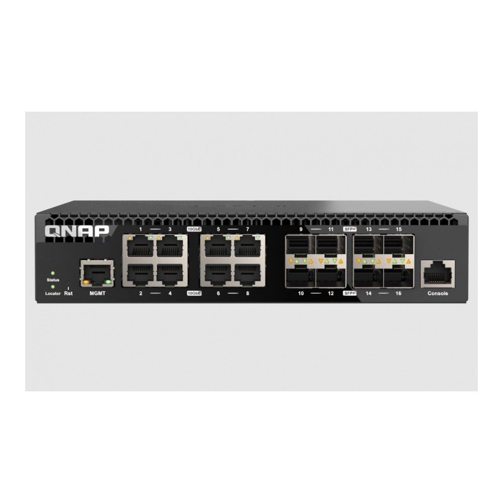 SWITCH QNAP QSW-M3216R-8S8T-US, 16 PUERTOS / 8 10GBESFP+ / 8 10GBE BASE-T(RJ45) / 1 PUERTO DE GESTIO [ QSW-M3216R-8S8T-US ][ NIC-4577 ]