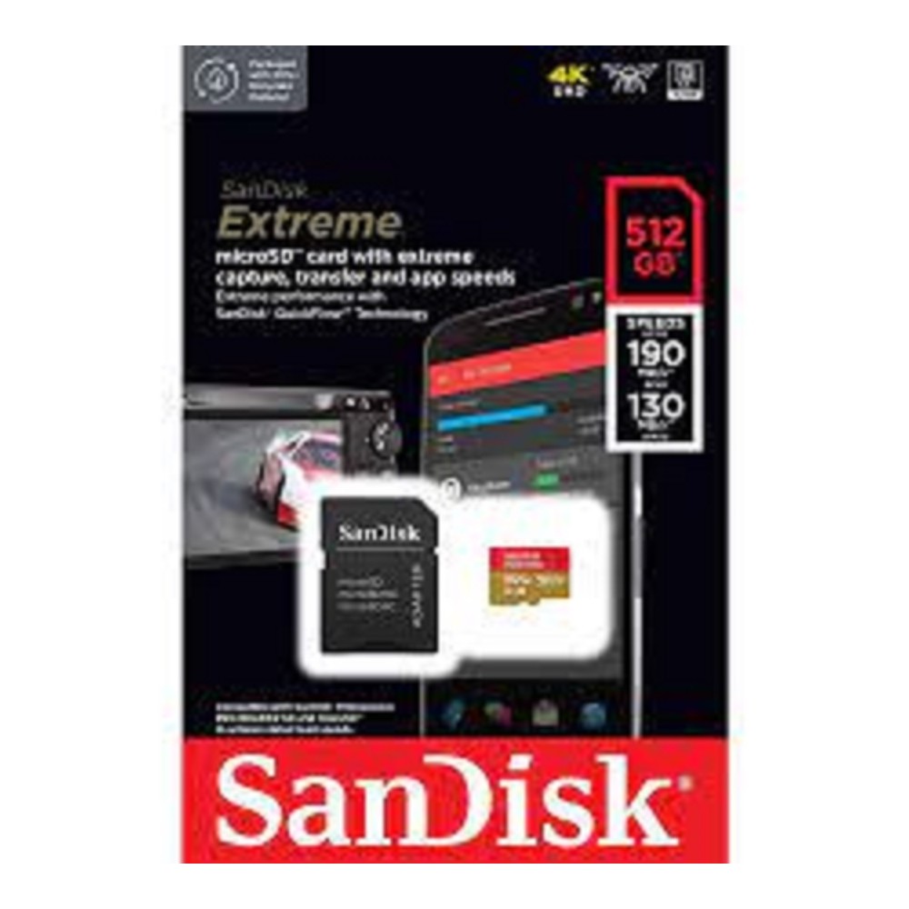 MEMORIA SANDISK MICRO SDXC 512GB EXTREME 190MB/S 4K CLASE 10 A2 V30 C/ADAPTADOR SDSQXAV-512G-GN6MA [ SDSQXAV-512G-GN6MA ][ RAM-3951 ]