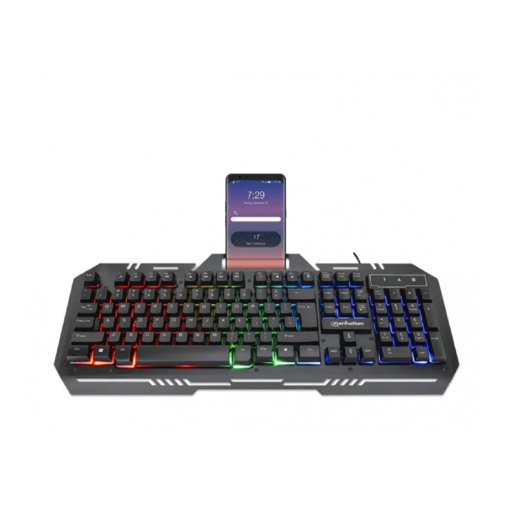 TECLADO GAMING LED , MANHATTAN , 180610 ,CON PÁNEL METÁLICO PARA CELULAR [ 180610 ][ KB-1020 ]