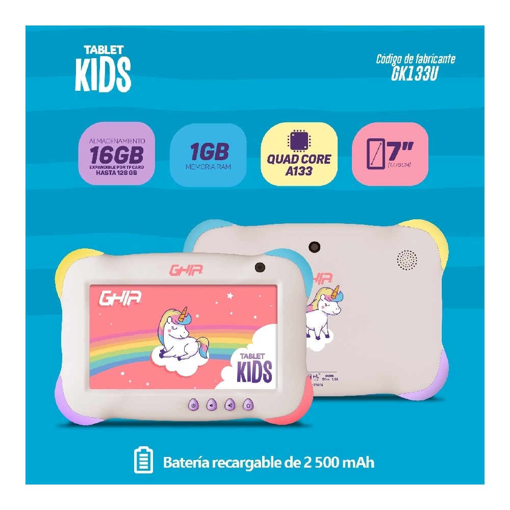 TABLET GHIA 7 KIDS/A133 QUADCORE/1GB RAM/16GB /2CAM/WIFI/BLUETOOTH/2500MAH/ANDROID 11 GO /VIOLETA [ GK133U ][ NOTGHIA-328 ]