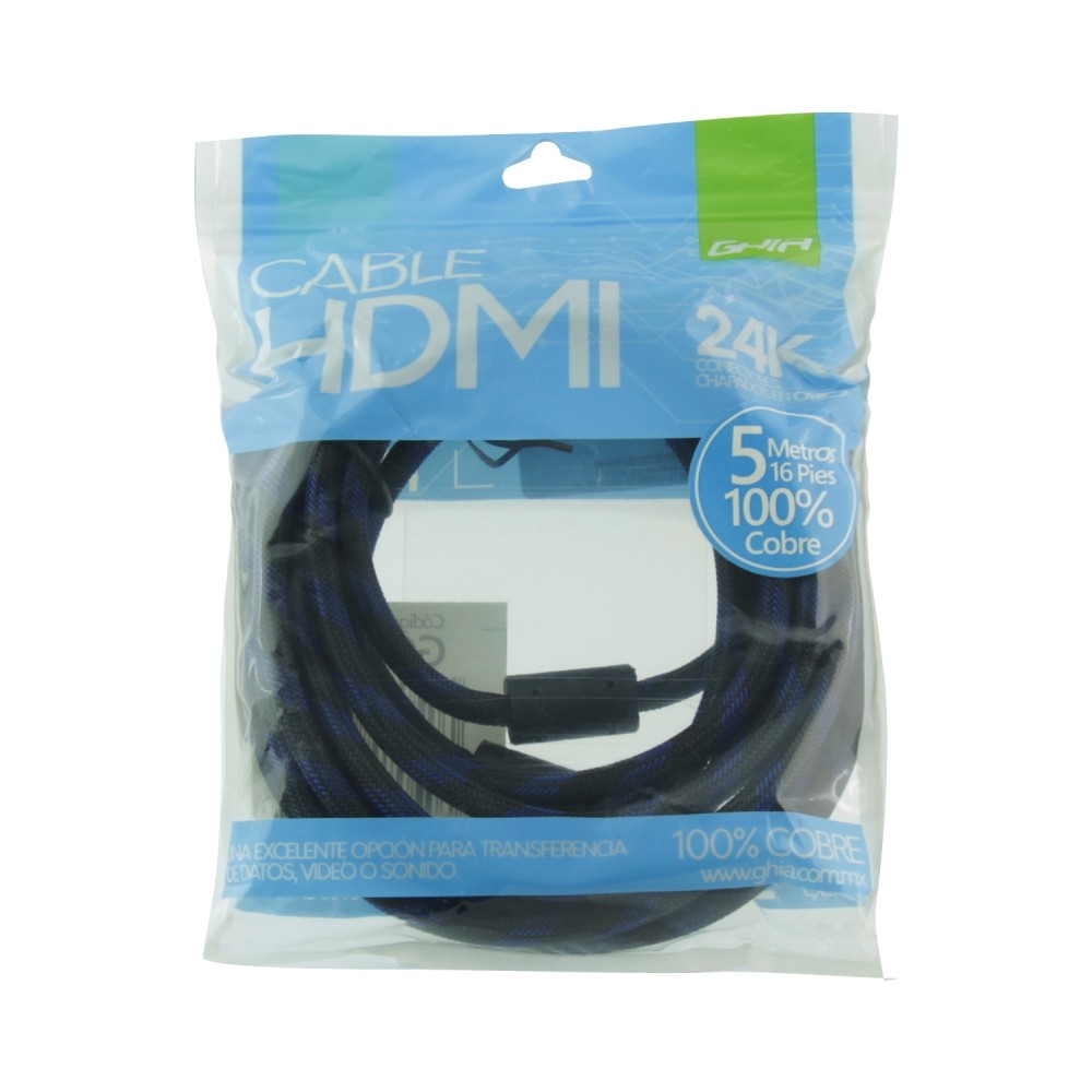 CABLE HDMI GHIA 5 MTS REFORZADO PARA USO RUDO COBRE 4K A 60HZ ETHERNET BOLSA [ GCB-025 ][ CB-1221 ]