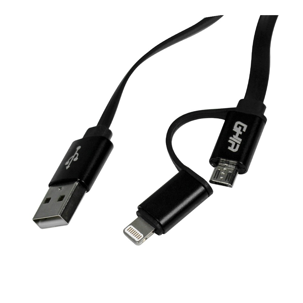 CABLE 2 EN 1 MICRO USB/TIPO LIGHTNING GHIA 1.0 MTS USB 2.1 CARGA Y TRANSFERENCIA DE DATOS NEGRO [ GAC-100 ][ CB-1259 ]