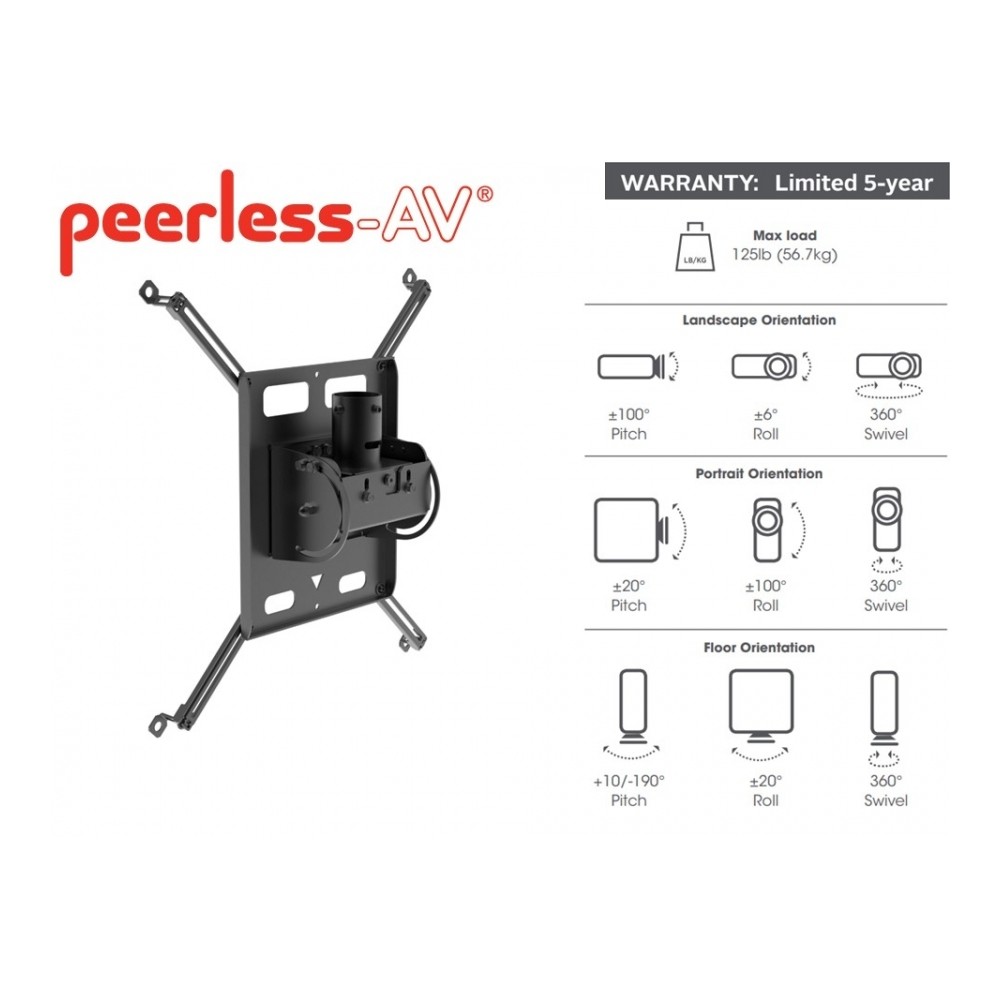 SOPORTE UNIVERSAL PARA VÍDEOPROYECTOR VERTICAL PEERLESS PJR125-POR DE ALTA RESISTENCIA CON CAPACIDA [ PJR125-POR ][ AC-10510 ]