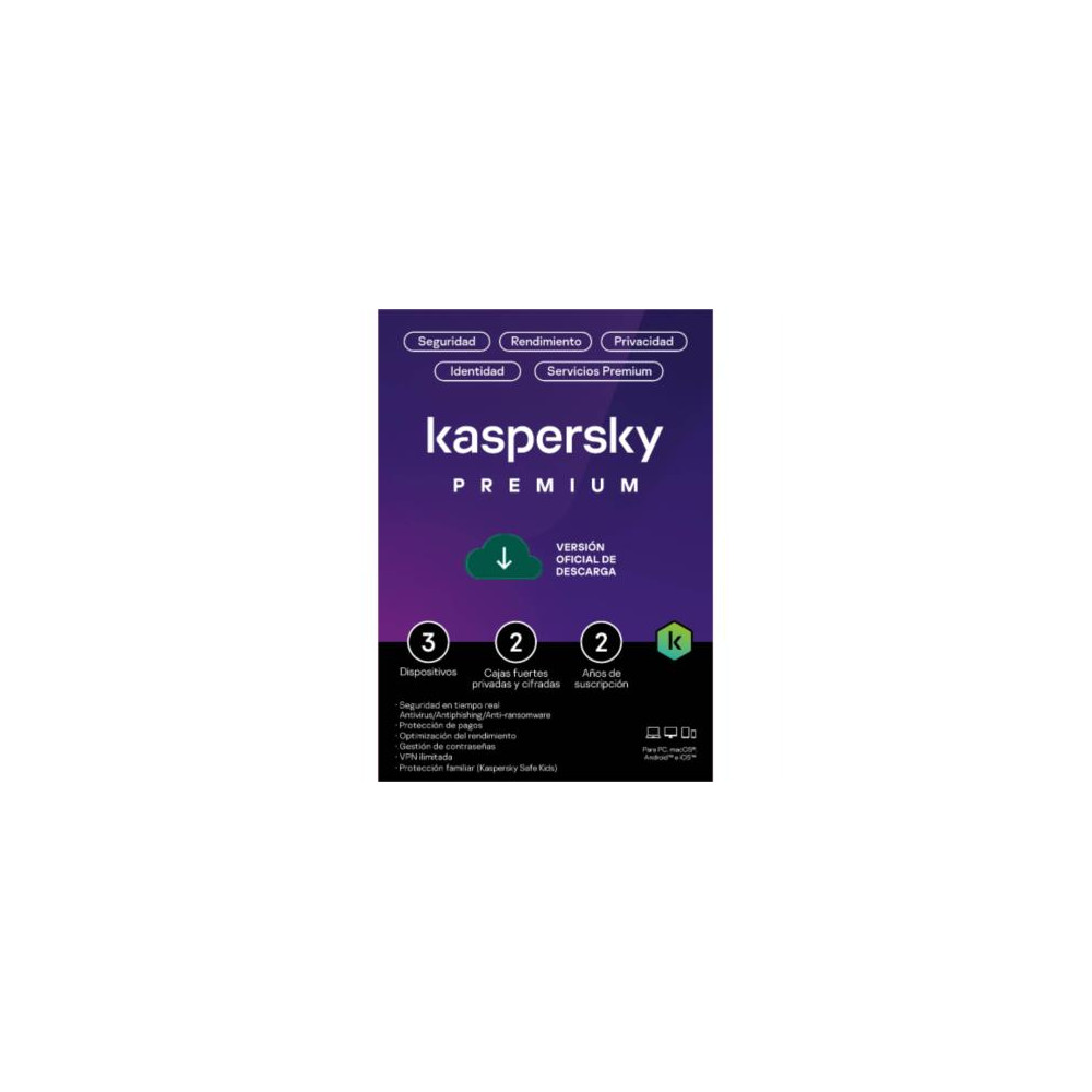 Licencia Antivirus ESD Kaspersky Premium 2 Aos 3 Dispositivos 2 Cuentas KPM [ KL1047ZDCDS ]