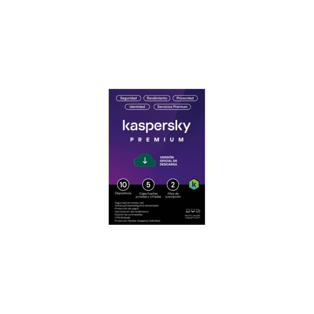 Licencia Antivirus ESD Kaspersky Premium 2 Aos 10 Dispositivos 5 Cuentas KPM [ KL1047ZDKDS ]