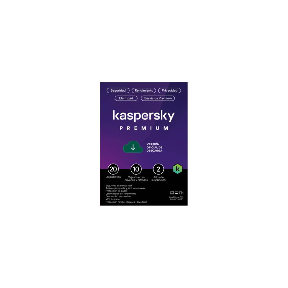 Licencia Antivirus ESD Kaspersky Premium 2 Aos 20 Dispositivos 10 Cuentas KPM [ KL1047ZDNDS ]