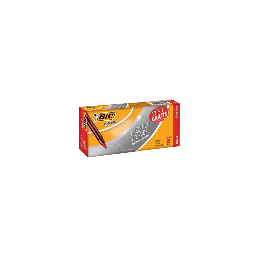 Bolgrafo BIC Cristal Precisin y Suavidad Punto Ultra Fino 0.7mm Color Rojo C/12+1 Pzas [ 922431 ]