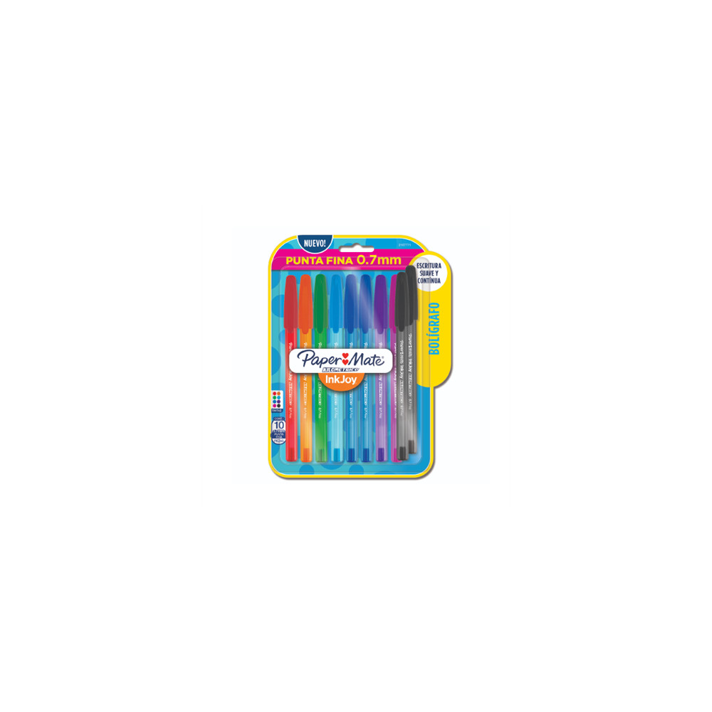 Bolgrafo Papermate InkJoy Kilometrico Punta Fina 0.7mm Colores Surtidos Blister C/10 Pzas [ 2107771 ]