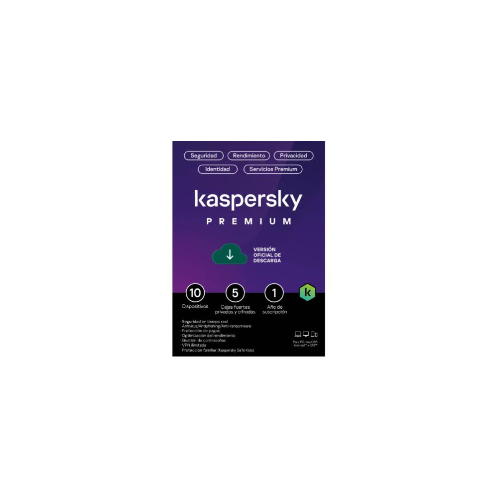 Licencia Antivirus ESD Kaspersky Premium 1 Ao 10 Dispositivos 5 Cuentas KPM [ KL1047ZDKFS ]