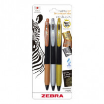 Boigrafo Zebra decoshine retractil Punto fino 0.5 tinta gel colores surtidos metalicos caja c/3 [ 809MTLFNB003 ]