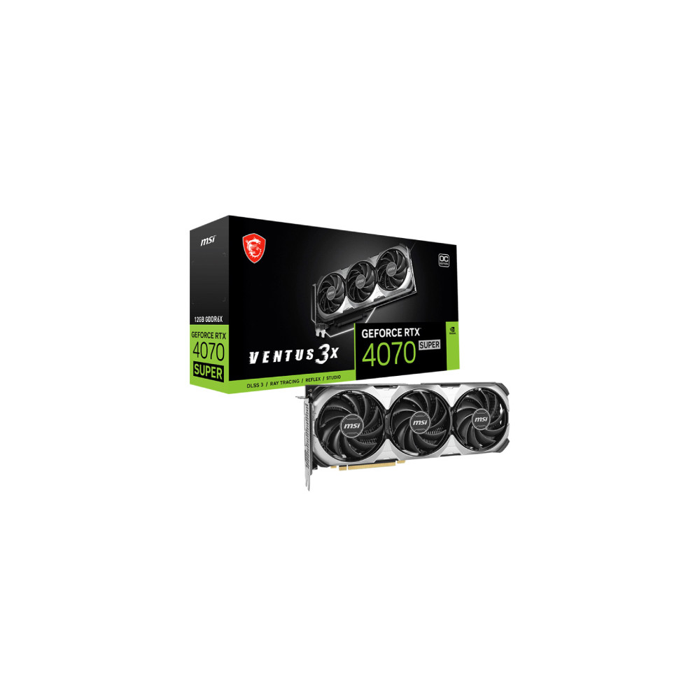 Tarjeta de Video MSI Ventus GeForce RTX4070 OC Super 12GB Triple Fan GDDR6X PCIe 4.0 1xHDMI 3xDP [ RTX-4070-SUPER-12G-VENTUS-3X-OC ]